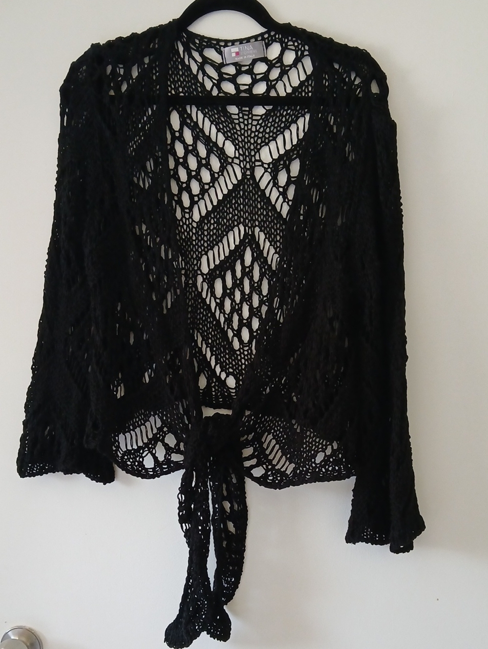 Tina Stephens Made In Italy Black Crochet Tie-Front Women's Sweater - Unbranded